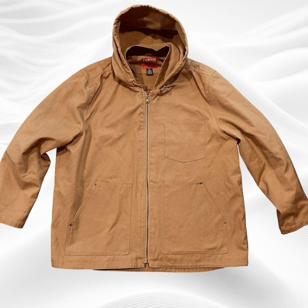 JC Penney Big Mac Full Zip Brown Canvas Hooded‎ Work Jacket 3XL Fleece Lined